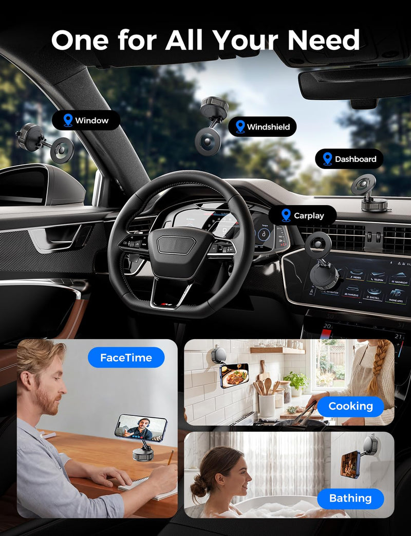 Car Mount, [Washable] Dual-Adhesion Magnetic Phone Holder for Car, 360° Adjustable Nano Gel Vacuum Phone Mount Car Accessories for Women Men for iPhone 17 16 15 14 13 12 Pro Max