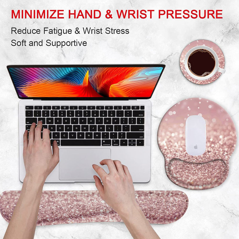 Ergonomic Mouse Pad Wrist Support Gel and Keyboard Wrist Rest Set for Laptop, Mac, Gaming and Office, Durable, Comfortable and Pain Relief + Coaster , Pink