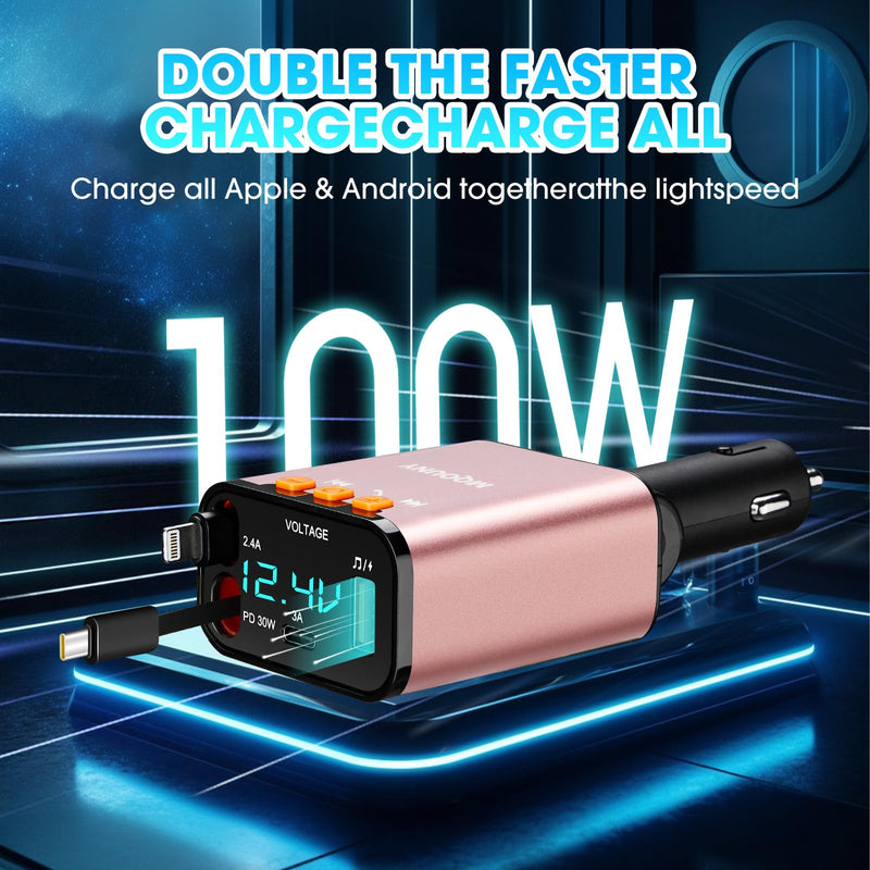 Retractable Car Charger,5 in 1 Fast Cars Phone Charger 60w,Bluetooth 5.3 FM Transmitter Adapter,Handsfree Call,MP3 Player,2 Retractable Cables and USB Chargers, for Phone,Galaxy,Pixel (Pink) Pink