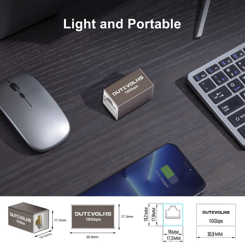 Ethernet Extender 10Gbps, 10Pack Cat6 RJ45 Coupler, Gigabit PoE LAN Coupler | Female to Female Network Connector, 328FT Long Distance Extend, Aluminum Alloy Shell, for Cat5, Cat6, Cat7, Cat8 Cable (Grey) 10-Pack
