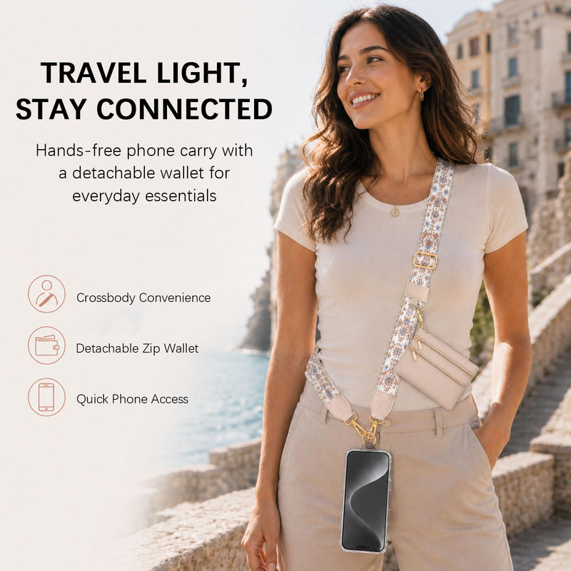 Rosmas Phone Lanyard Crossbody with Wallet, Adjustable Cell Phone Strap, Detachable Wrist Strap for Travel Use Printed-b