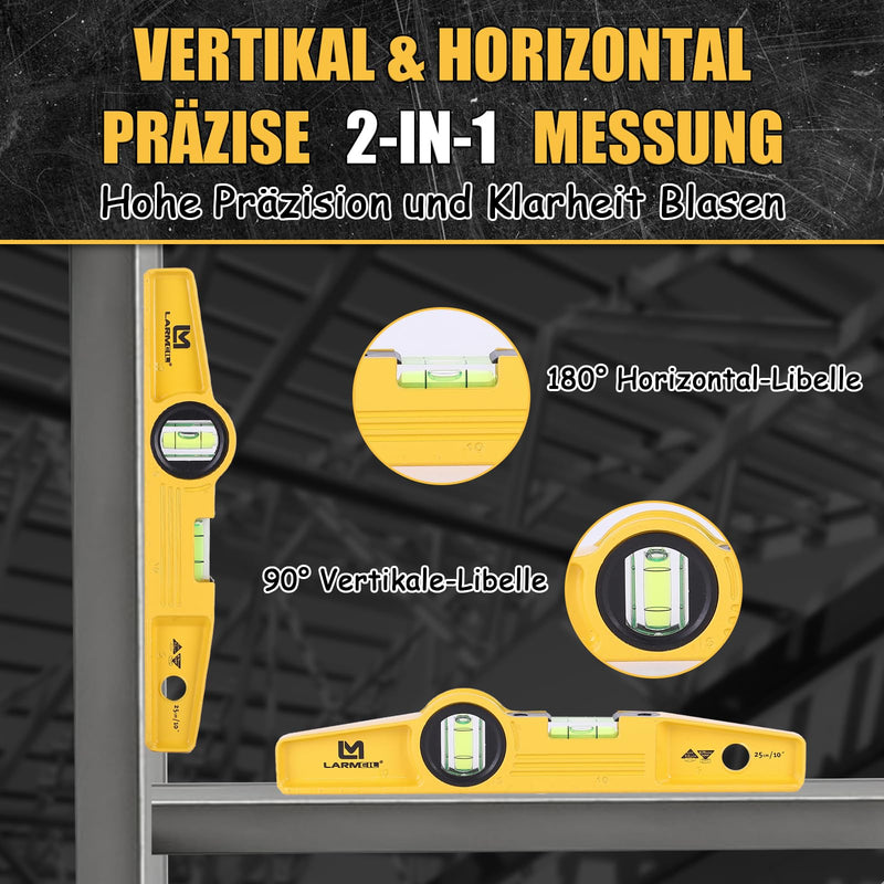 LARMEIL Magnetic Torpedo Spirit Level 25 cm Aluminium Cast Profile 4 Magnets Small Spirit Level 1 Horizontal Level 1 Vertical Level