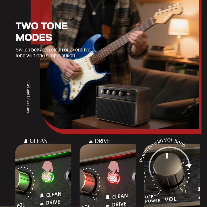 [AUSTRALIA] - AKLOT Guitar Amp Portable Rechargeable: 10W Mini Electric Guitar Amplifier with Clean/Drive Channels, Wireless Audio, USB-C, 6H Battery, Headphone Out and AUX in, Ideal for Practice or Travel (Black) Black 