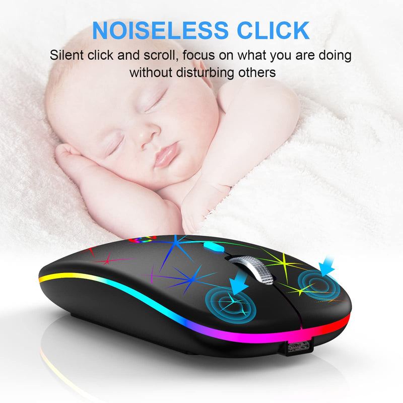 Wireless Mouse, 2.4G Portable Optical Quiet RGB Mouse with USB Receiver and Type C Adapter, 3 Adjustable DPI Levels, Wireless Computer Mouse for Laptop, Computer, PC, MacBook, Desktop Black