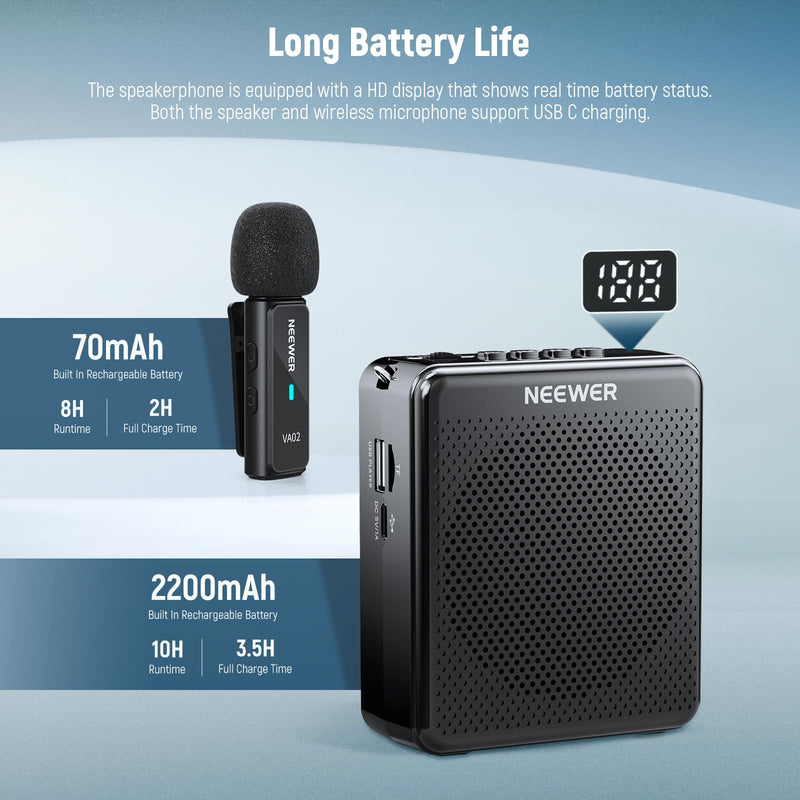 NEEWER VA02 Voice Amplifier with Wireless Microphone, Portable Mini USB C Rechargeable Noise Cancelling Sound Speaker Megaphone & Mic Set, 10Hrs, 15m Range for Classroom Teachers Trainers Tour Guides