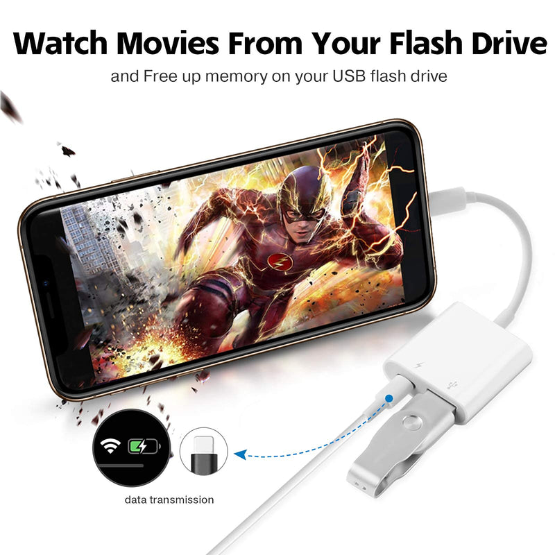 USB Camera Adapter, USB Female OTG Adapter Compatible with iPhone iPad, Portable USB Adapter for iPhone with Charging Port, No Application, Plug and Play