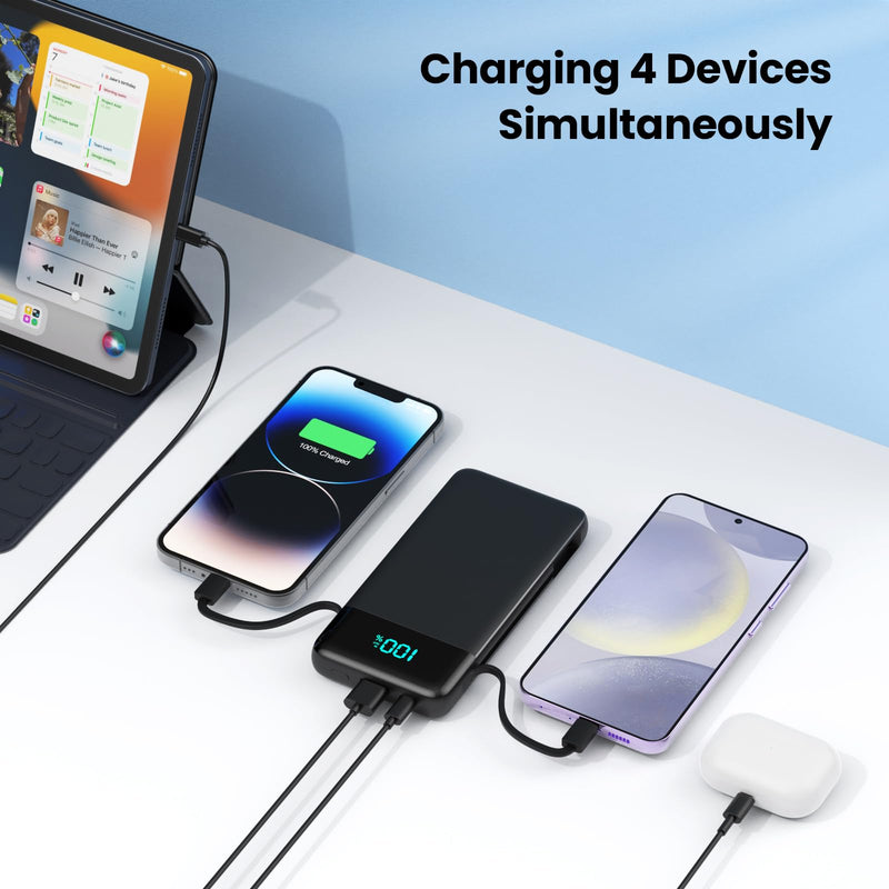 Portable Charger for iPhone with Built in Cables and Wall Plug,Upgraded 13800mAh Fast Charging USB C Power Bank,4 Outputs Travel Essential Battery Pack Compatible with iPhone 16/15/14,Samsung,Android Black