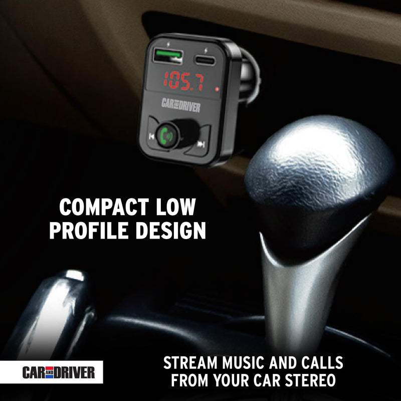 Car and Driver Bluetooth 5.3 FM Transmitter Charger, Dual USB Car Adapter with Fast 4.8 A Charging, Wireless Bluetooth Transmitter, Hands-Free Calling, Built-in Mic, LED Display, Micro-SD Card Slot