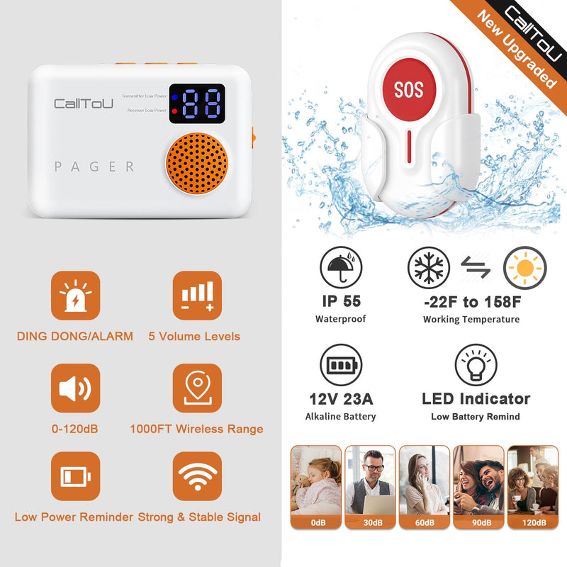 CallToU Caregiver Pager Wireless Call Button 1000FT for Elderly Monitoring Vibration Call Bell Medical Alert System with Digital Display Low Power Reminder 2 Portable Receiver 2 SOS Call Button 2 Call Button + 2 Receiver