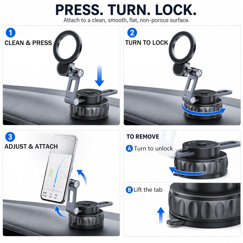 Vacuum Suction Magnetic Car Phone Mount, 360° Rotating Extendable Multi-Axis Arm for Dashboard & Windshield, Compatible with MagSafe iPhone Models and Magnetic Cases, Metal Ring Included