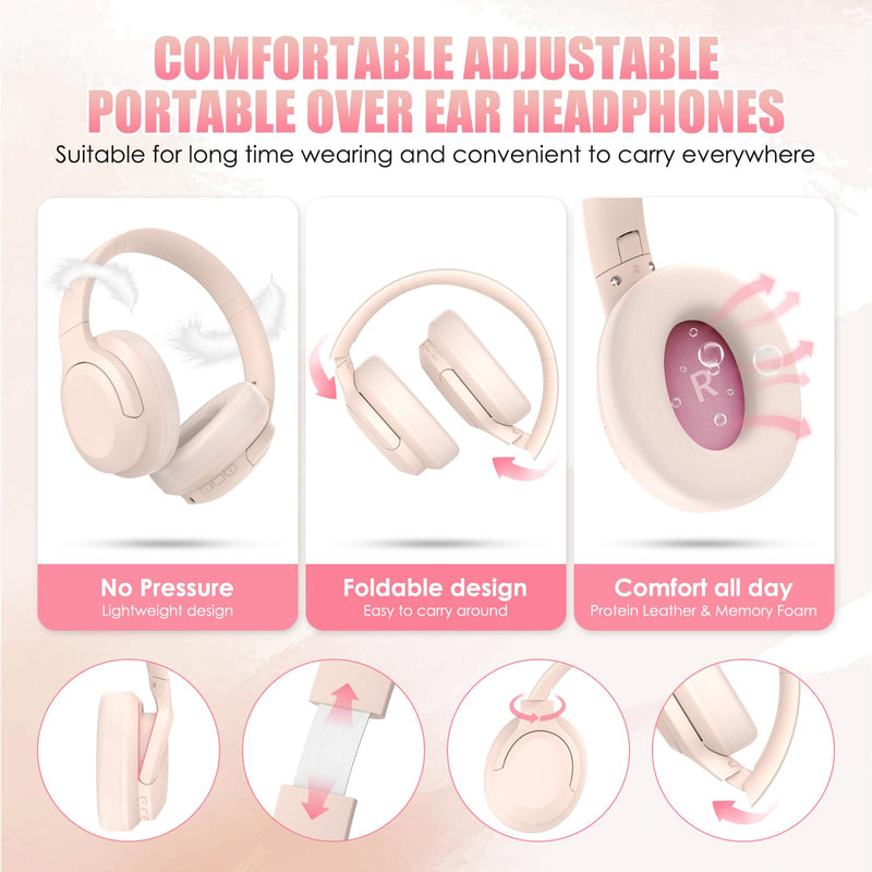 Active Noise Cancelling Headphones, Over-Ear Headphones Pink | Wireless Blutooth Headphones with100H Playtime, Built-in Microphone, Lightweight & Foldable, Deep Bass for Work/Gym/Travel