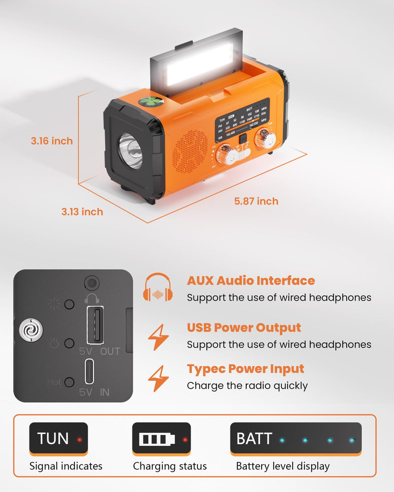 [AUSTRALIA] - Emergency Weather Radio NOAA AM FM with 10000mAh Power Bank & Fire Starter, Solar/Hand Crank/USB-C Fast Charging, SOS Alarm, Flashlight for Indoor Outdoor Survival for Campers and Preppers Orange 