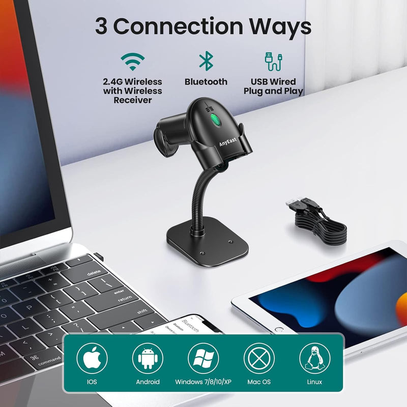 Barcode Scanner with Stand, Bluetooth and Wireless Barcode Scanner, Inventory 2D 1D QR Code Scanners for Computer POS, Handheld CMOS Image Bar Code Reader for Warehouse Library Supermarket Gray