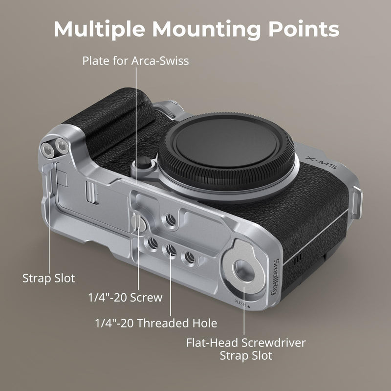 SMALLRIG X-M5 Handgrip L-Shape Grip for FUJIFILM X-M5, Built-in Quick Release Plate for Arca, Lightweight Silicone Side Handle, Includes Windshield with Cold Shoe Adapter (Sliver) - 4875 Siliver