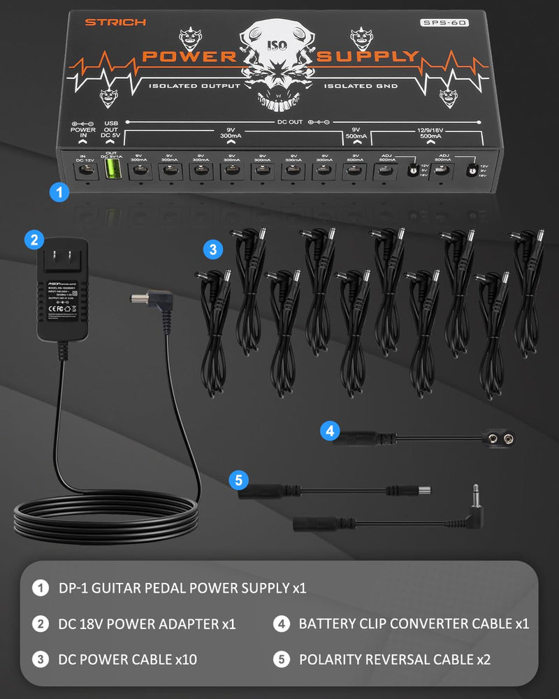 STRICH SPS-60 Guitar Pedal Power Supply, 10 Totally Independent DC Outputs Pedal Board Power Supply for 9V/12V/18V (300mA/500mA) High Power for Power High-current Effect Pedal, Noiselessly