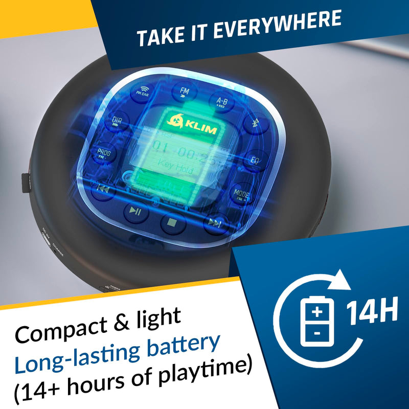 [AUSTRALIA] - KLIM Journey - Portable CD Player Walkman with Long-Lasting Battery - New - with Headphones - Radio FM - Compatible MP3 CD Player Portable - SD Card, FM Transmitter, Bluetooth - Ideal for Cars 