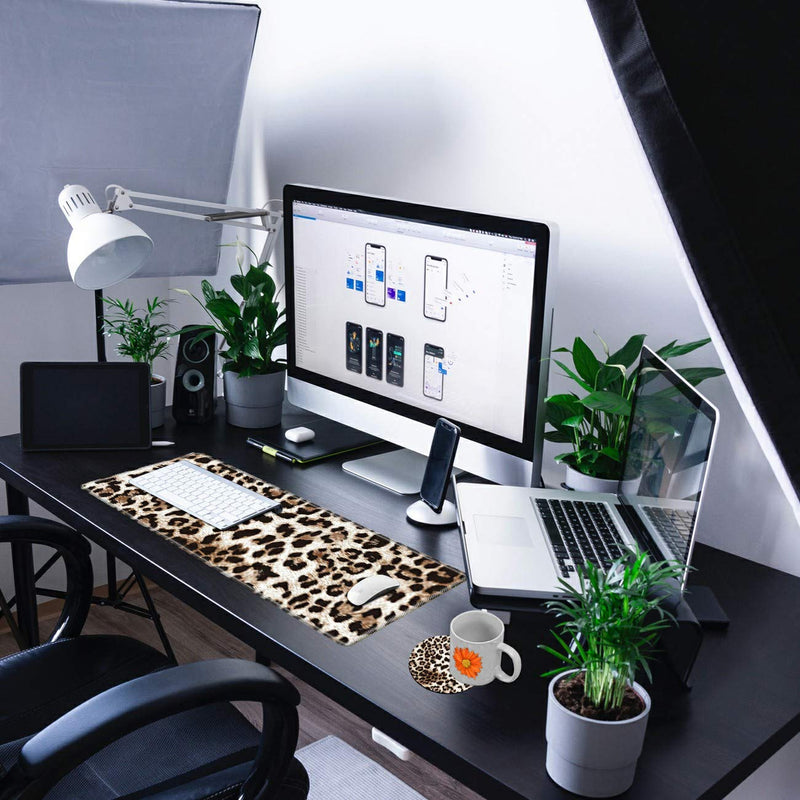 Desk Mat Gaming Mouse pad for Laptop, Leopard Fur Customized Design Printed Desk pad, Home Office Accessories, with Sunflower Coasters and Cute Stickers