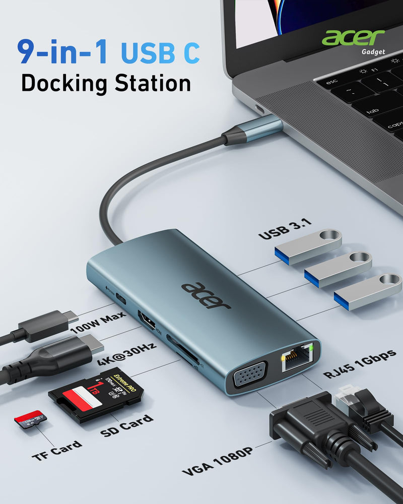 [AUSTRALIA] - Acer USB C Hub with 4k HDMI, 9-in-1 USB C to Ethernet Adapter, 5Gbps USB-A 3.1 Docking Station, PD 100W Charging, SD Card Reader, USB to VGA Splitter for MacBook, Acer, Laptops, Surface and More Space grey 