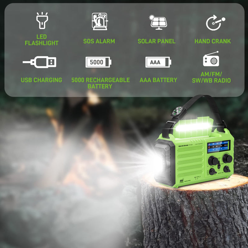 [AUSTRALIA] - Emergency Weather Radio – 18500mWh Portable AM/FM/SW/NOAA Radio with Solar Hand Crank, Rechargeable Battery, USB Charger, LED Flashlight, Reading Light, and SOS Alarm, for Home Outdoor (Green) Green 
