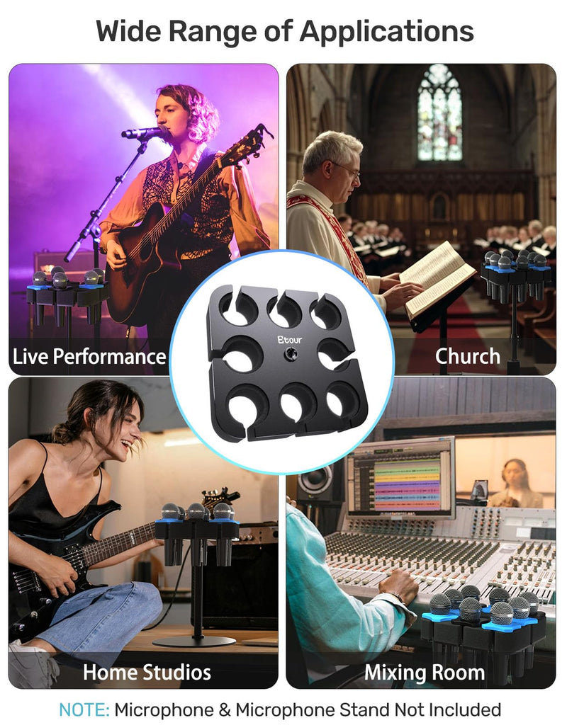 8-Slot Multi Microphone Holder, Alloy Base & Foam Padding & Anti-Roll Ring, Compatible with 5/8", 3/8" and 1/4" Threaded Stand, Wired & Wireles Mics Organizer and Display for Studio and Stage Mic UP to 8 (Foam)