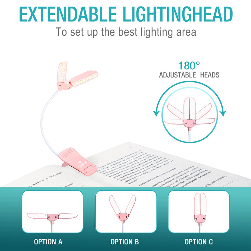 Vekkia 14 LED Rechargeable Book-Light for Reading at Night in Bed, Warm/White Reading Light with Clamp, 180° Adjustable Mini Clip on Light, Lightweight Eye Care Book Light Perfect for Readers & Kids Pink
