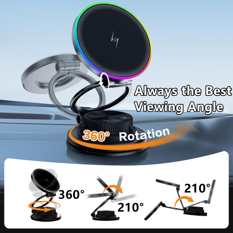 Ultra-Thin Magnetic Wireless Car Charger for Magsafe Car Mount | 15W Fast Charging, 120LBS Strong Suction Cup,3000gf Magnet, LED Light, 360° Vacuum Magnetic Phone Holder for iPhone & Android