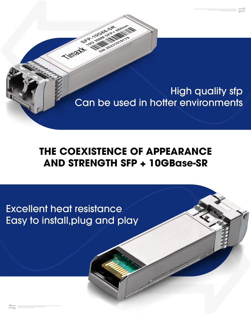 Timaxk 10GBase-SR SFP+ Transceiver, SFP Multi-Mode Fiber LC Module, 10G 850nm MMF up to 300 Meters, Compatible with Cisco, Ubiquiti, Mikrotik, D-Link, Netgear, Qnap, Linksys and More 1 pack