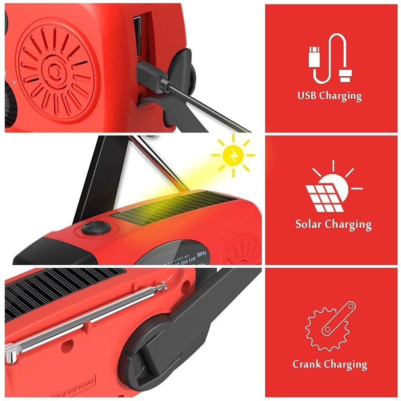 Solar Emergency Hand Crank Weather Radio, Portable Self Powered NOAA AM/FM Radios with SOS Alarm LED Flashlight 2000mAh Power Bank Smart Phone USB Charger for Camping (Red) IR088 Red