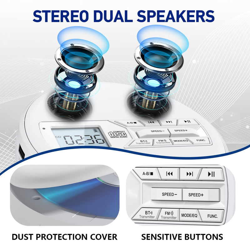 CD Player Portable, Rechargeable Portable CD Player with Dual Speakers and Anti Skip,CD,Dual Bluetooth,FM Transmission,USB,AUX,LCD Display,Sensitive Button,Repeat,10 Speeds for Home Car White