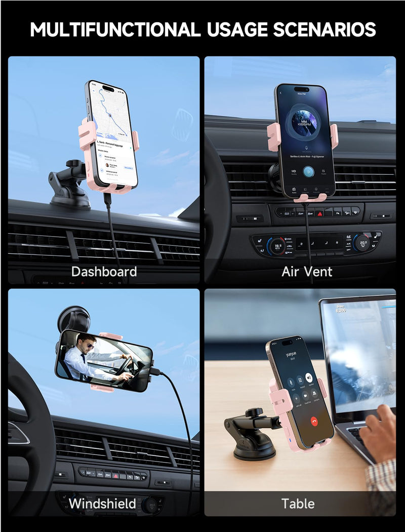 Wireless Car Charger 15W Auto Clamping Phone Holder Dash Windshield Vent | Car Charger Compatible with iPhone 17 16 15 14/13/13 Pro/12 pro/12/11/X/8, Samsung S24/S23/S22 Pink
