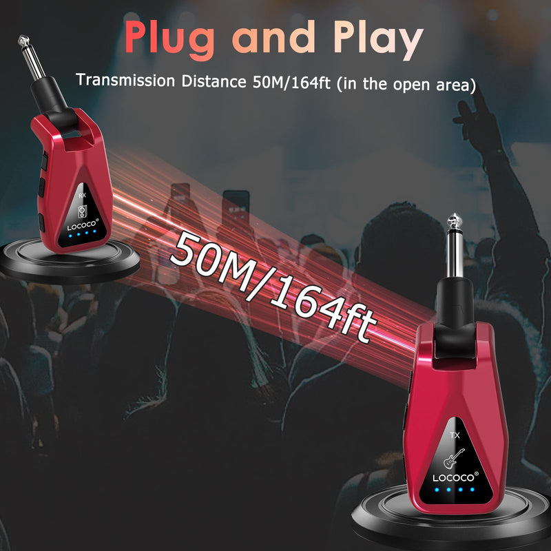 Wireless Guitar System Transmitter Receiver: UHF Cordless 164 Feet Range - 6 Channels USB-C Rechargeable Audio, 220° Rotatable Plug Design for Guitar Bass and Electric Instruments(Red) red