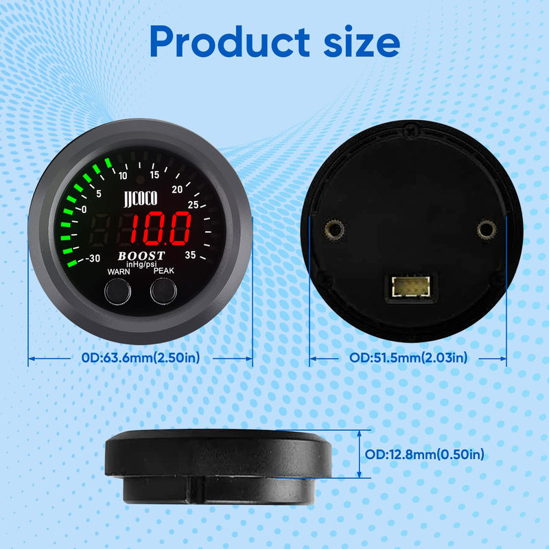 Universal Turbo Boost/Vacuum Gauge Kit Includes Electronic Pressure Sensor Red LED Light PSI Meter - for Car Truck - 2-1/16"