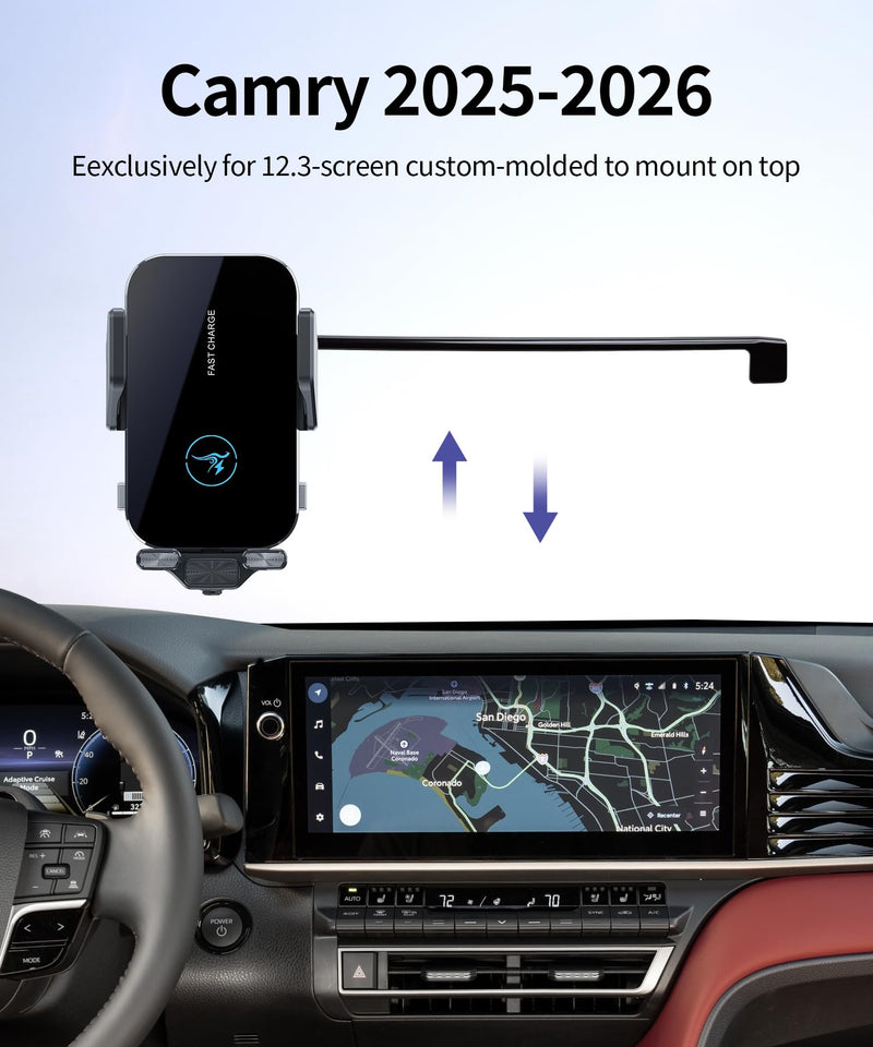 Wireless Charger Car Phone Holder for Toyota Camry 2025 2026, 12.3" Screen | Auto clamp Cell Phone Mount Accessories 15W Qi Fast Charging Stand Compatible with iPhone Android,360° Navigation Bracket for 2025-2026 Camry(12.3 inch screen only)