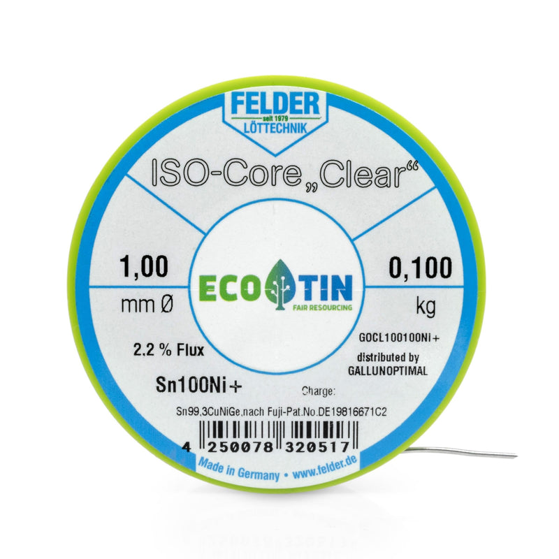 GALLUNOPTIMAL Solder Tin ISO Core Soldering Wire Clear Sn100Ni+ Sn99.3CuNiGe 1 mm on 100 g Spool Made by Felder GmbH in Germany