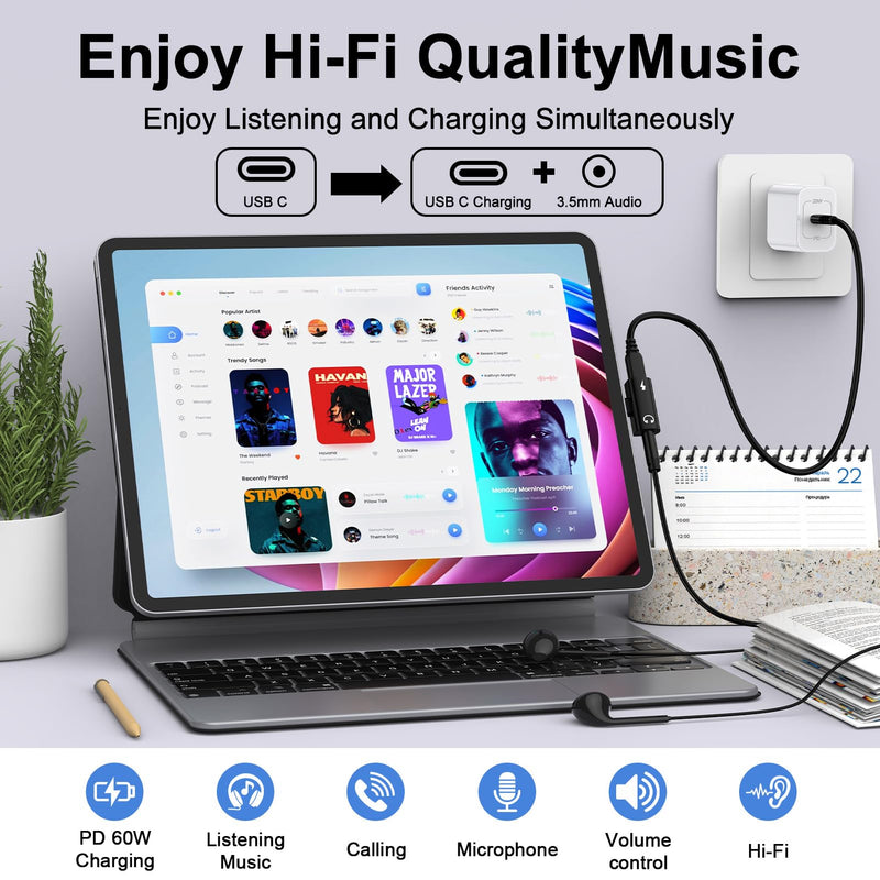 USB C to 3.5mm Headphone Jack Adapter and Charger for Samsung Galaxy S26 | S26 Ultra S26+ S25 FE A17 A37 A27 A36, 2 in 1 Type C Audio Adapter Headphone Aux & Charger Adaptor 60W Fast Charging Dongle Black