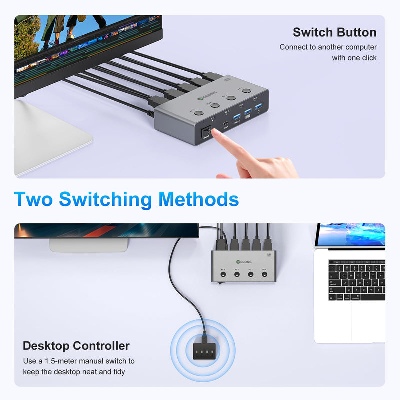 5G USB3.0 HDMI KVM Switch 4 Computers 1 Monitor, KVM Switch 4 Port,8K60Hz | with 3 USB3.0 and 1 USBC Ports Share Monitor Keyboard Mouse Printer, with 4 USB 3.0 Cables and Extended Controller Gray 13.5 cm 8K 4 PC 1 Monitors