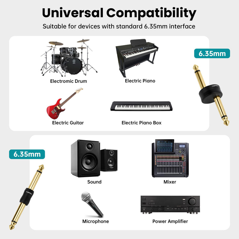 Gold-Plated Guitar Pedal Effects Patch Connector Coupler 10 Pack，6.35mm to 6.35mm Adapter, Angle 1/4 Quarter Inch TS Mono Male to Male Jack Plug, Audio Converter Premium Quality Series
