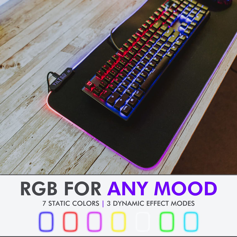 Tilted Nation RGB Gaming Mouse Pad Large - LED Extended Mousepad Desk Mat with 8 Adjustable Light Modes - Computer Mouse and Keyboard Pad - Non Slip Rubber Base, Easy to Clean Water Proof Surface Black with RGB Lighting