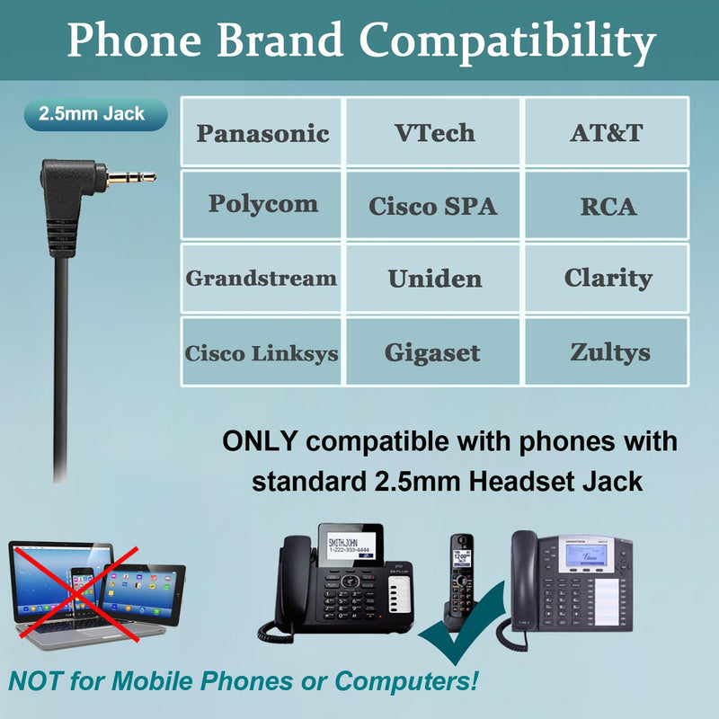 Phone Headset with Microphone Noise Cancelling & Volume Controls, 2.5mm Office Telephone Headphone for VTech Panasonic KX-TGE633M TGF352N Cisco SPA504G 508G AT&T ML17929 RCA Cordless Landline Phones Black