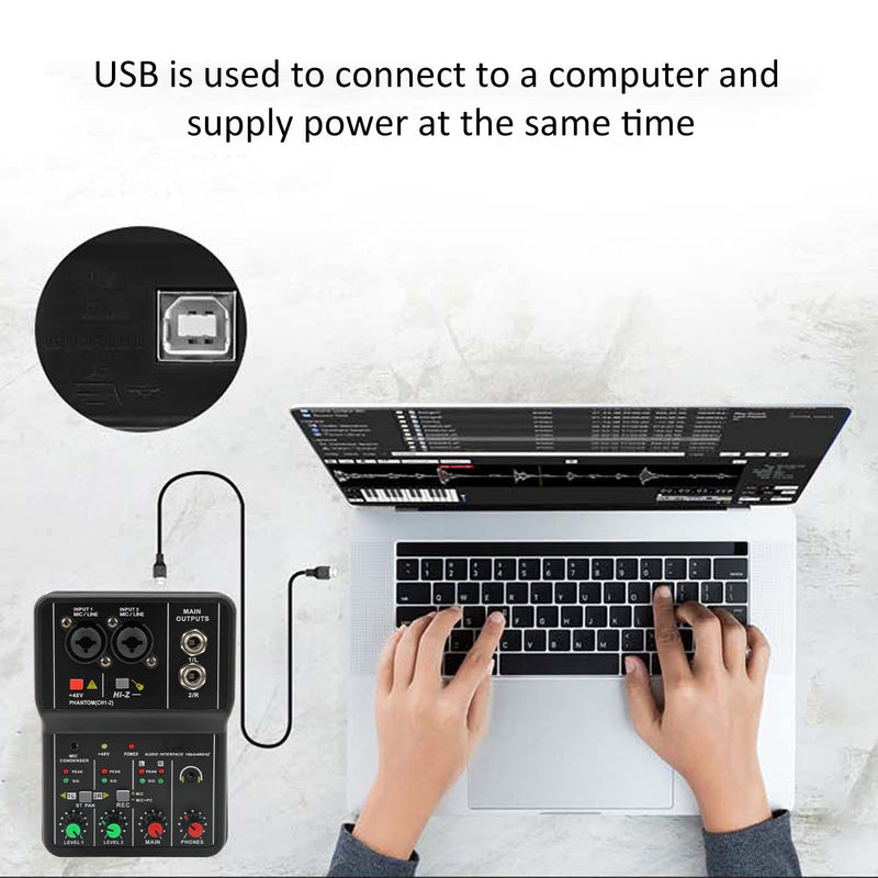 2 Channel Mixer, USB Audio Mixer, USB 48V Power Compact Sound Mixing Console for Music Recording Home Karaoke Internet Karaoke