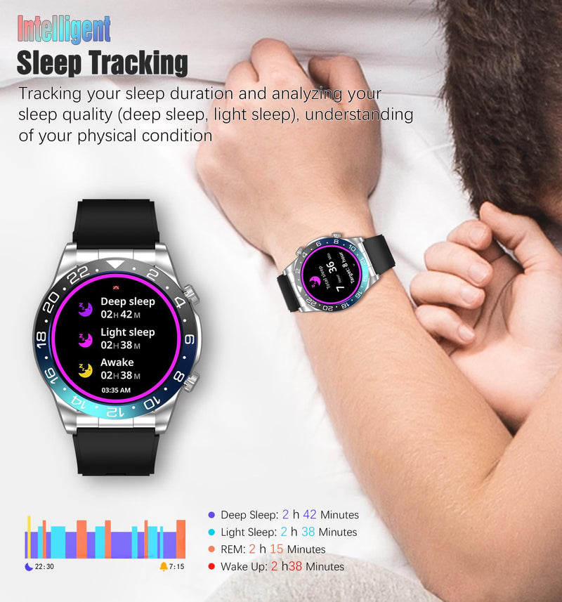 Men's Smartwatch 1.43" AMOLED Display Sports Fitness Tracker Answer&Make Calls, Heart Rate Sleep Monitor IP67 Waterproof Smart Watch for Men, Pedometer, Support Android & iOS (Black Blue) black blue