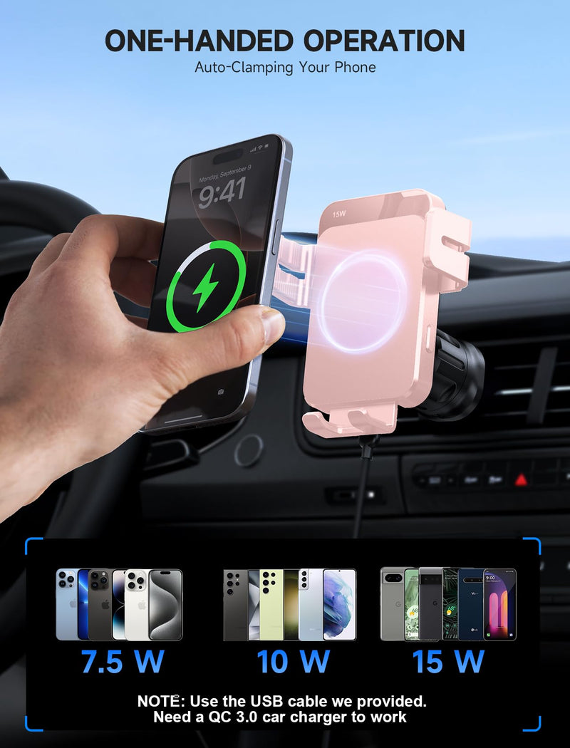 Wireless Car Charger 15W Auto Clamping Phone Holder Dash Windshield Vent | Car Charger Compatible with iPhone 17 16 15 14/13/13 Pro/12 pro/12/11/X/8, Samsung S24/S23/S22 Pink