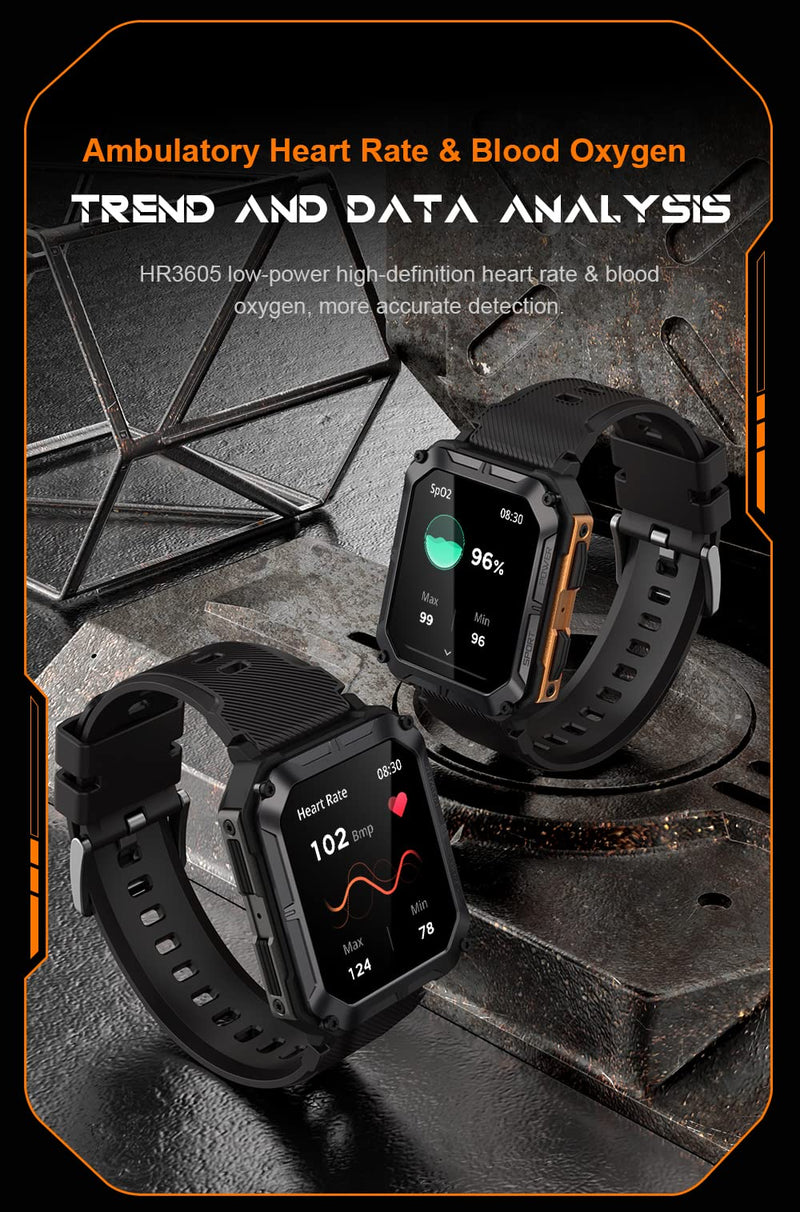 Gravity C20 Pro 1.83" Rugged Smartwatch, IP68 Waterproof, Bluetooth Call, AI Voice, 100+ Sports Modes, Heart Rate & Sleep Monitoring, Shockproof, Fitness Tracker for iOS & Android (Black)