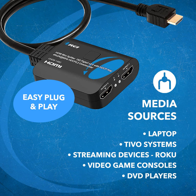 OREI 4K 1 in 2 Out HDMI Splitter 4:4:4 8-bit - HDMI 2.0, HDCP 2.2, 18 Gbps, 4K @ 60Hz HDMI Display Duplicate/Mirror Only - UltraHD High Resolution Down Scaler 1x2 (UHDS-102C) Pig Tail Splitter