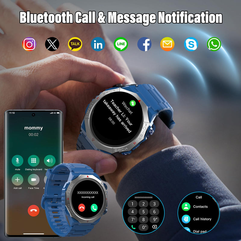 Military Smart Watches for Men(Answer/Make Calls), 1.39"HD Fitness Watch, 24/7 Heart Rate Sleep Monitor, Smart Watch for Men 110+ Sport Modes, 30Day, IP68 Waterproof Smartwatch for Android iOS, Blue