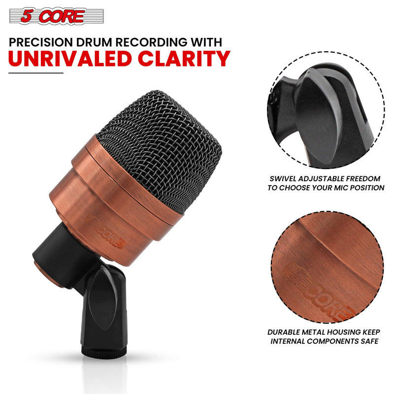 5 CORE Tom Microphone Copper Finish XLR Wired Uni Directional Snare Drum and Other Musical Instrument Mic w Swivel-Mount Steel Mesh Grille Tripod Carry Case Included Tom XP COPPEREX Metallic