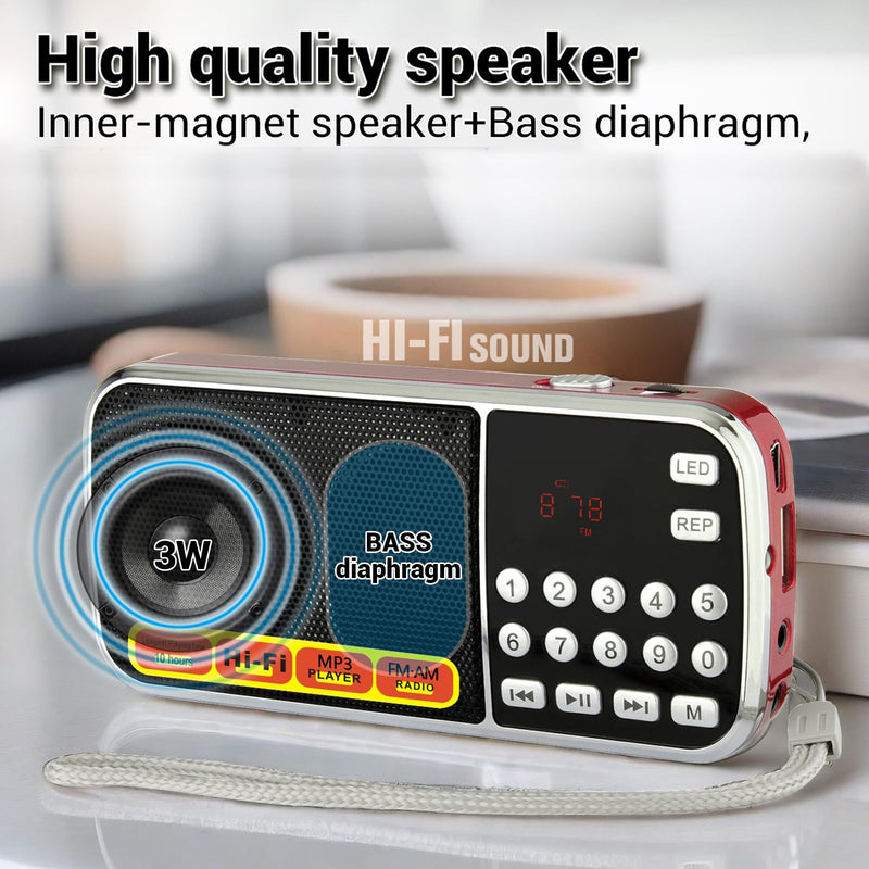 [AUSTRALIA] - Small Radios Portable AM FM:Battery Powered Radio Support USB Flash Disk/Micro SD Card MP3 Playback TF Card Slot Digital Buttons Bass Diaphragm Pocket Radio with Excellent Reception and Sound Quality red 