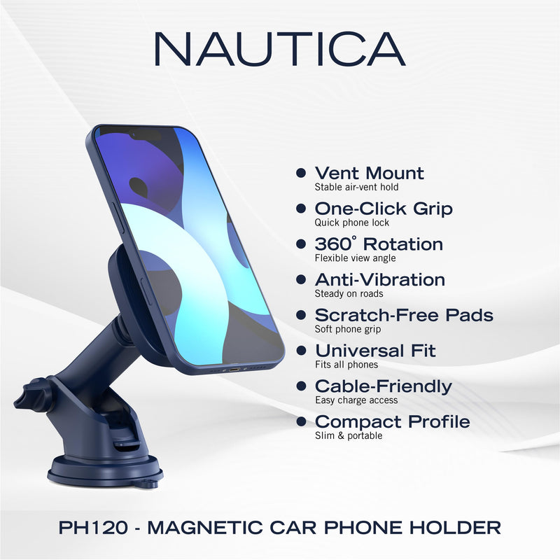 Nautica PH120 Universal 3-in-1 Magnetic Car Phone Holder for iPhone, Android, Samsung, Google, Huawei & Nokia Smartphones, Clip-On & Suction Cup Phone Mount with 360° Rotation, Secure & Steady Grip