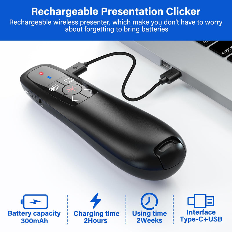 [AUSTRALIA] - 2-in-1 USB Type C Presentation Clicker, Clicker for PowerPoint Presentations, Rechargeable Wireless Presenter Remote, Pointer RF 2.4GHz USB PowerPoint Clicker Slide Advancer with Volume Control F05 RECHARGEABLE USB-C 