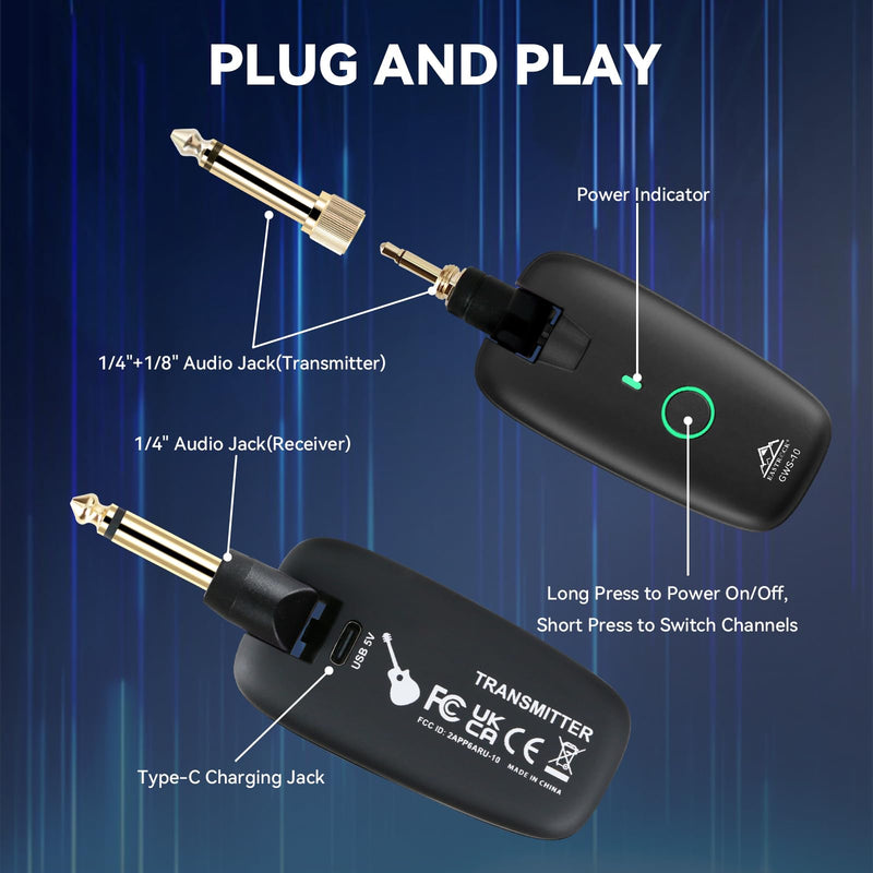 [AUSTRALIA] - EASTROCK Wireless Guitar System – Black, UHF 7-Channel Rechargeable Transmitter & Receiver, 6H Battery, 1/4” & 1/8” Plug for Guitar & Bass 
